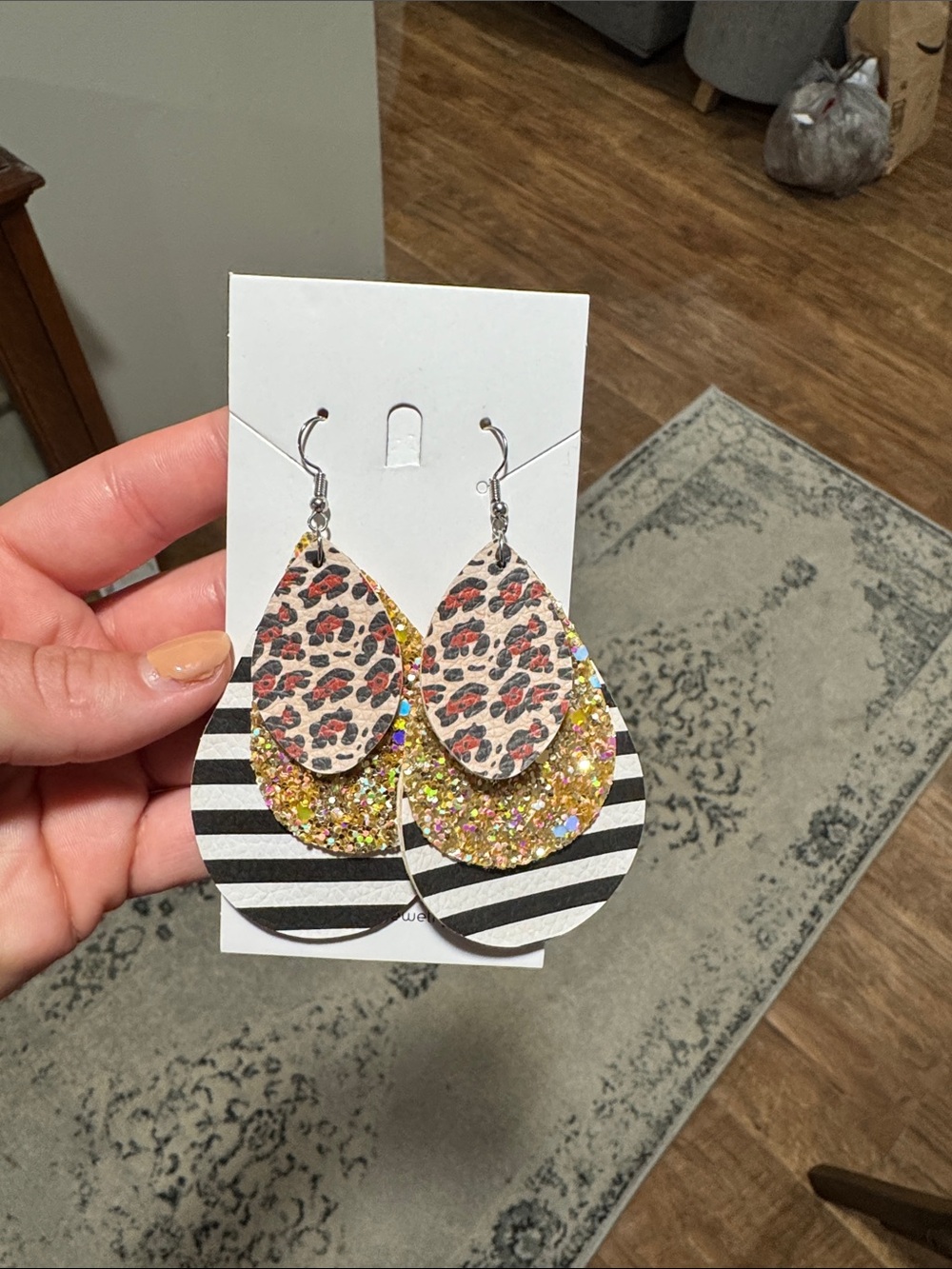Multi-Pattern Teardrop Earrings - Gold Glitter, Black & White, Leopard